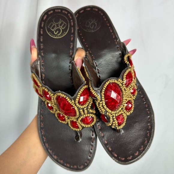 BCBGeneration red stoned thong wedge sandals size 8 - Picture 1 of 7